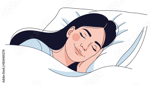 A woman peacefully sleeping on a soft white pillow with a contented smile.