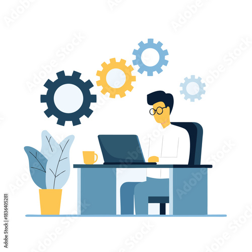 Caucasian male works on laptop at desk amid gears and a plant indoor