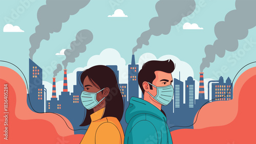 Two people wearing face masks stand against a backdrop of industrial pollution from factories.