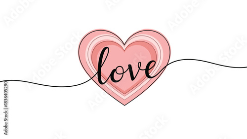 A minimalist pink heart with the word love written in cursive calligraphy on a white background.