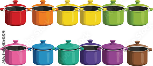 Colorful vector illustration of assorted kitchen cooking pots with lids in vibrant rainbow tones for modern culinary design projects.