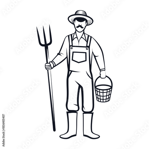 Cartoon farmer silhouette in overalls and hat holds a pitchfork and bucket