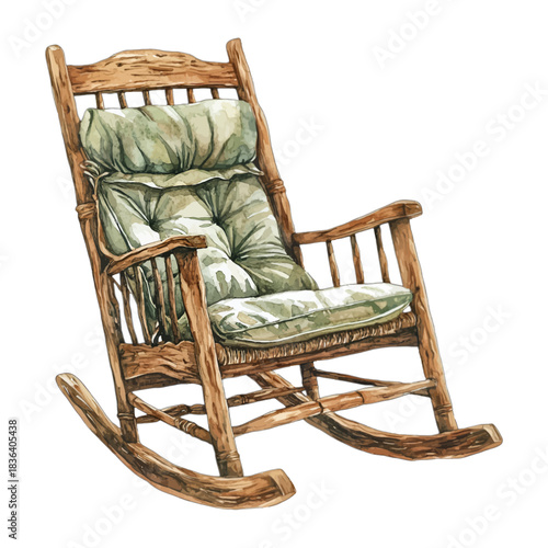 Rustic wooden rocking chair with green cushions, watercolor vector
