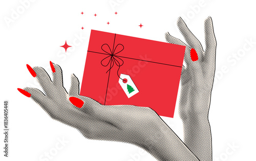 Contemporary  halftone collage women hands holds red gift box with ribbon and bow, Christmas and happy new year celebration concept