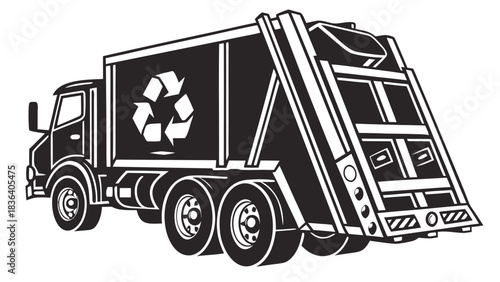 Black and white illustration of a garbage truck with recycling symbol