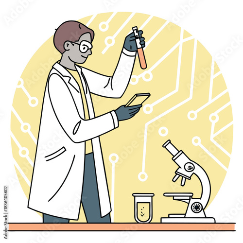 Cartoon laboratory scientist with dark complexion examines a test tube in white coat