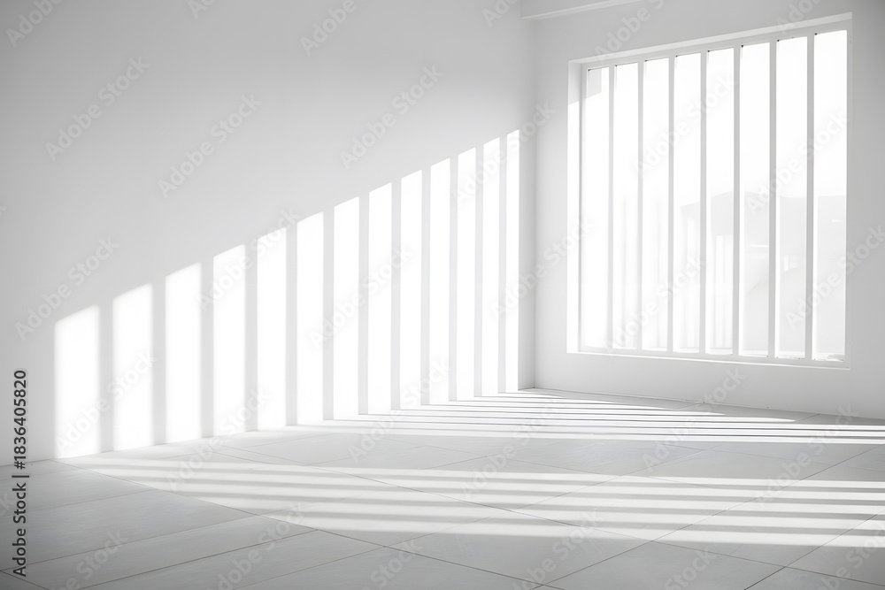 Fototapeta premium Minimalist white interior room with strong natural lighting, large window casting geometric shadows on light tiles, creating a clean, modern aesthetic.