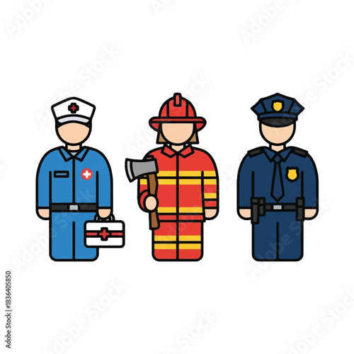 Flat design illustration of three emergency service workers: a paramedic, a firefighter, and a police officer.