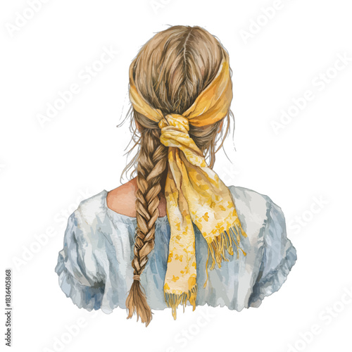 Watercolor girl with blonde braid and yellow scarf, vector
