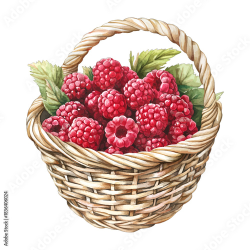 Watercolor raspberries in a woven basket, fresh fruit vector
