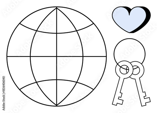 Global connection, love, security, freedom, accessibility, unity. A globe, heart and two keys together. Global connection and love unity and shared values