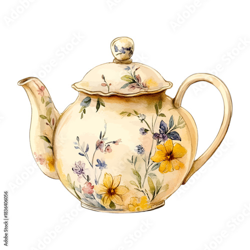 Watercolor vintage floral teapot, porcelain, bone china vector
