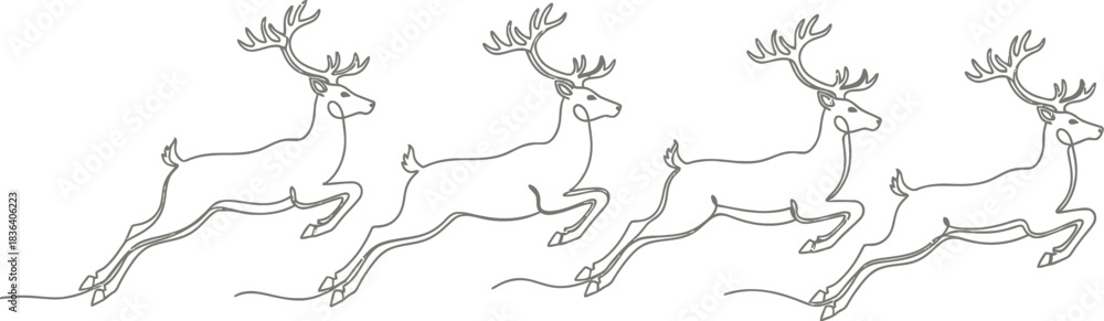 Fototapeta premium Four reindeer leaping in a continuous line drawing on a light cream background