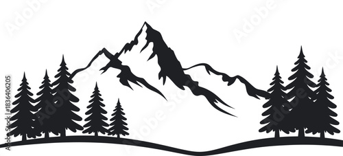 Black Silhouette Mountains and Fir Trees, Camping Adventure Panorama Vector Icon