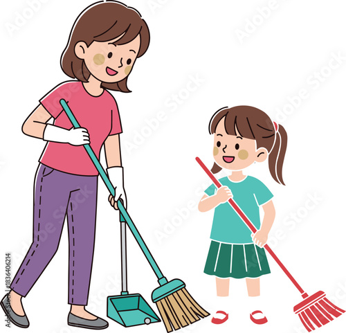Cute vector illustration of a mother and daughter cleaning together with broom and dustpan, perfect for family, chores, and home activities themes.