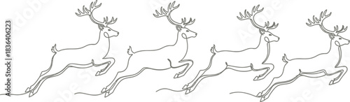 Four reindeer leaping in a continuous line drawing on a light cream background
