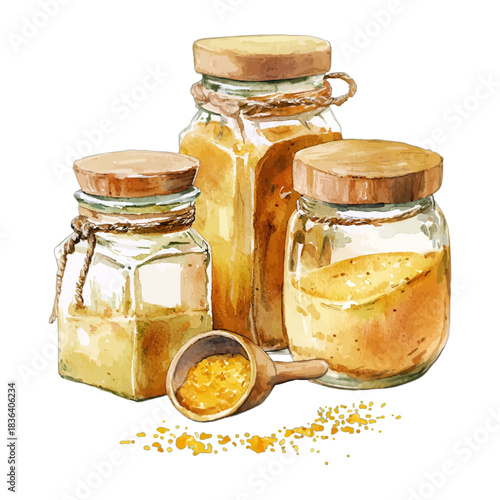 Watercolor honey and spice jars with measuring spoon, natural food vector 
