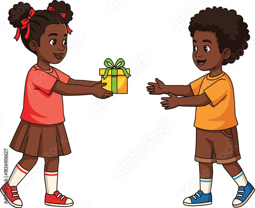 Cute vector illustration of two children exchanging a gift, showing friendship, kindness, and sharing in a cheerful, playful moment.