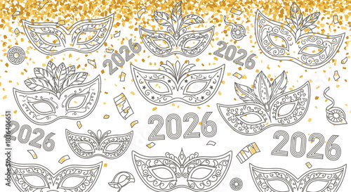 Elegant masquerade masks and confetti pattern for new year 2026 celebration