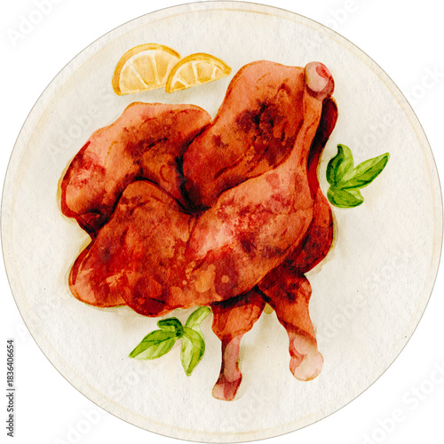 watercolor roasted chicken on plate with lemon clip art preview
