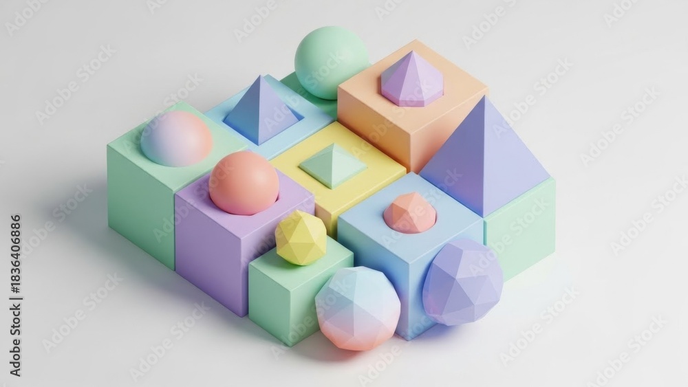 Fototapeta premium Pastel-colored geometric abstraction with spheres and pyramids balancing on blocks artistic design