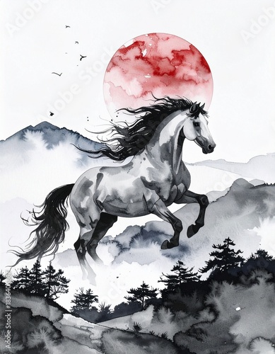 A brush-drawn ink painting of a horse in motion　筆で描いた躍動する馬の墨絵