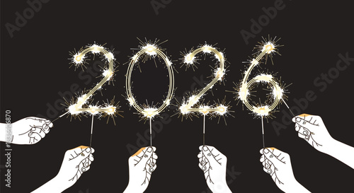 Hands holding sparklers to celebrate the new year 2026 on a black background