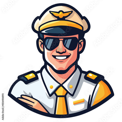 Cheerful pilot with sunglasses and uniform crosses his arms smiling confidently in the illustration