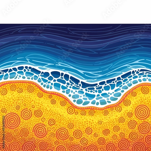 Vibrant abstract Australian Aboriginal art depicts a dynamic ocean wave meeting a sun-drenched beach with traditional dot and spiral patterns creating a lively, energetic scene.
