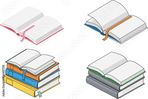 Detailed vector illustration of open books and stacked books with bookmarks, perfect for educational, academic, literary, and study-themed design projects.