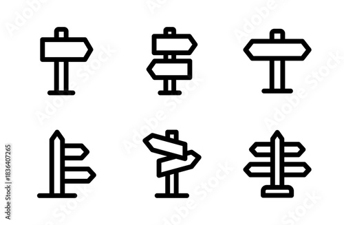 Clear sign post icon collection with modern directional symbols designed for navigation guidance maps and professional wayfinding projects