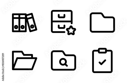 Modern folder related icon collection featuring organized file management symbols designed for digital storage workflow clarity and professional office use