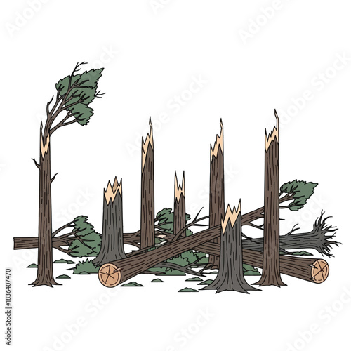 Illustration of a forest scene with numerous trees broken and fallen, depicting the aftermath of a strong storm or natural disaster.
