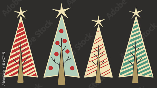 Four stylized christmas trees with unique patterns and star toppers on a dark background