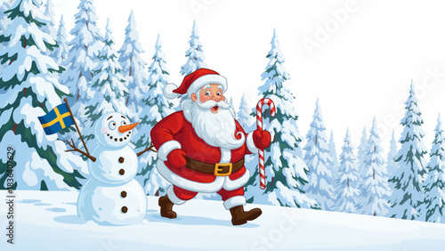 Santa walks beside a snowman in a snowy Scandinavian forest with soft northern light and tall frosty trees forming a magical Christmas scene