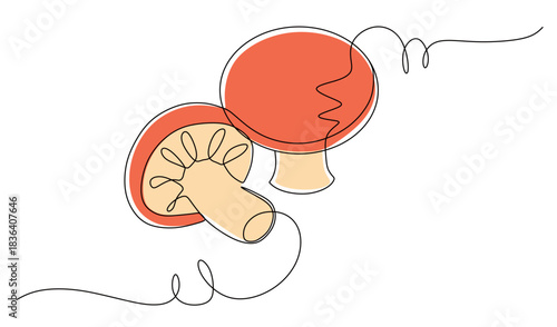 Continuous line art of mushrooms. This icon is for a vegetable shop banner. Vector illustration with beautiful colors.