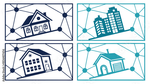Four different types of buildings connected by a network grid