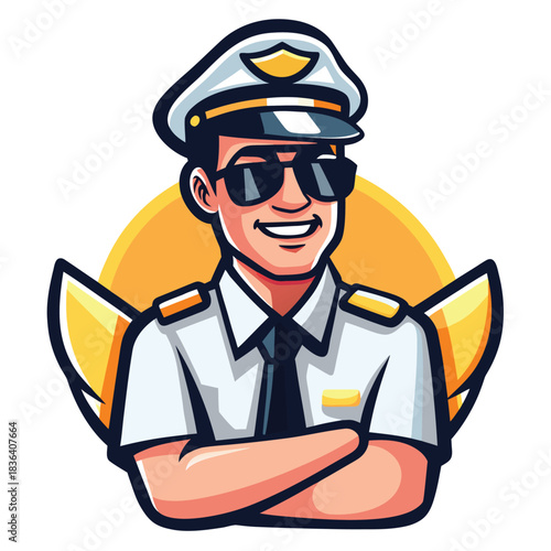 Confident cartoon pilot in uniform with sunglasses stands with crossed arms cheerfully smiling