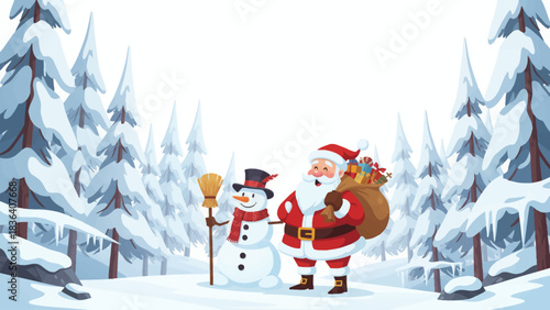 Santa walks beside a snowman in a snowy Scandinavian forest with soft northern light and tall frosty trees forming a magical Christmas scene