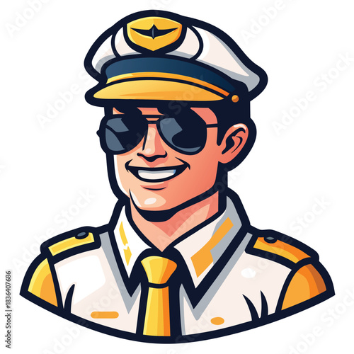 Cheerful cartoon pilot smiles confidently wearing his uniform and black sunglasses on a white background