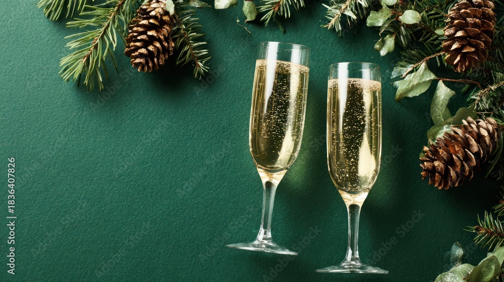 Obraz premium Two champagne flutes with pine cones and greenery against green background