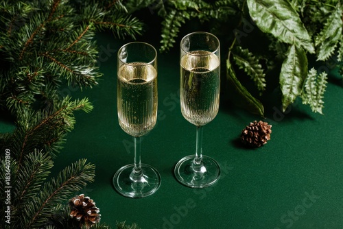 Two fluted champagne glasses with champagne and christmas decor on green