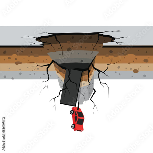 Red car falling upside down into a deep sinkhole in the road with visible ground layers and cracked asphalt.