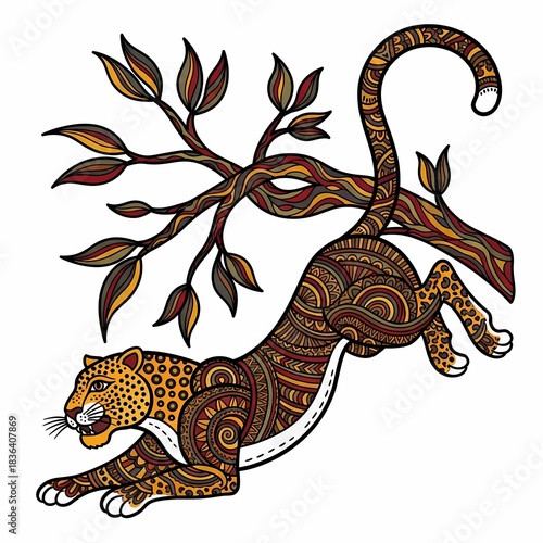 Vibrant, ornate jaguar leaps dynamically through stylized branches, showcasing intricate tribal patterns and warm earthy tones, perfect for exotic decor.
