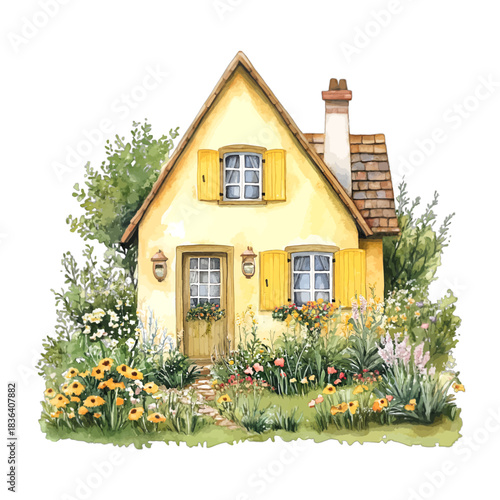 Charming Yellow Cottage House with Garden Vector Illustration
