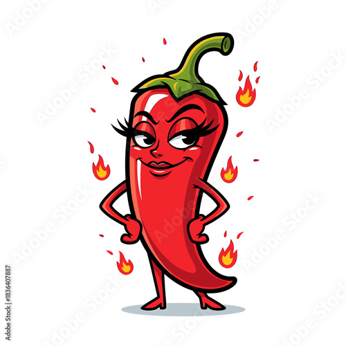 Spicy Red Chili Pepper Cartoon Character with Flirty Expression.