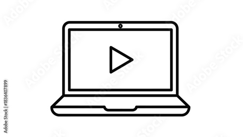 Simple line art icon of a laptop displaying a play button for video content