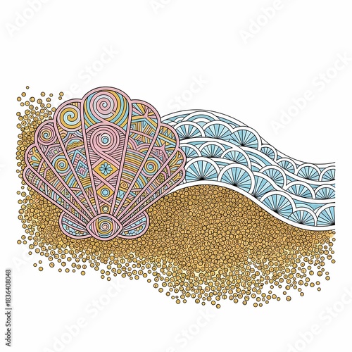 Discover the beauty of a vibrant seashell resting on golden sands with gentle blue waves in a whimsical, artistic style