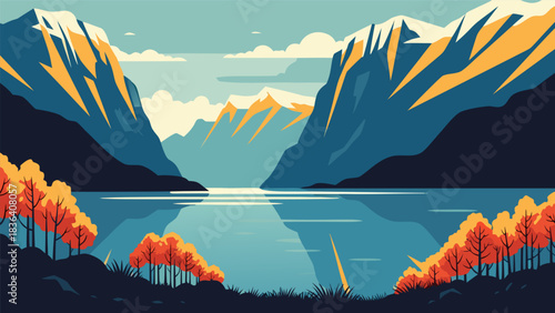 Mountain Lake Landscape Illustration with Autumn Trees and Jagged Peaks