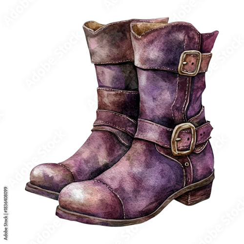 Watercolor Vintage Purple Engineer Boots Clipart Illustration
